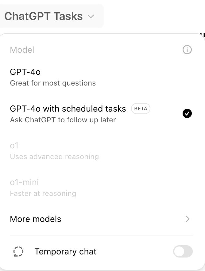 Screenshot of the ChatGPT interface showing a dropdown menu for selecting the GPT model, highlighting 'GPT-4o with scheduled tasks.